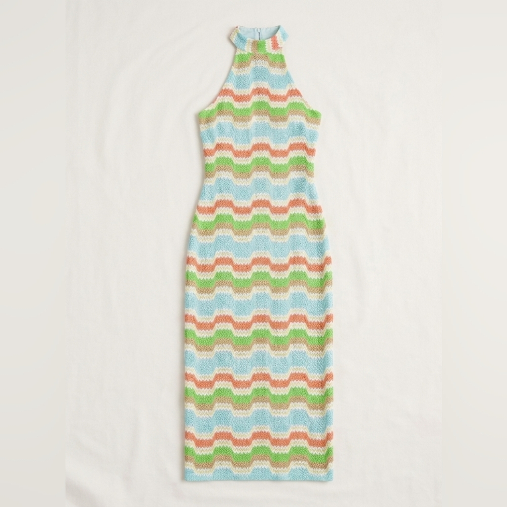 DONNA MORGAN Colourful Crochet Knit Mock Neck Fitted Midi Dress - Size 0